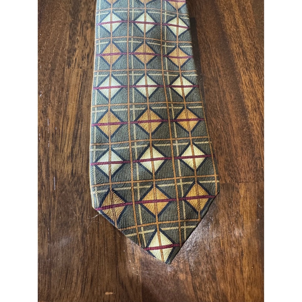 Ziggurat Mulberry Neckwear Mens Silk Tie Geometric Olive Green Mustard USA Made